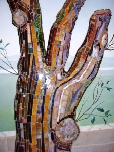 detail: sculpted, mosaic tree trunk from dining room mural