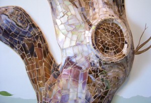 detail: sculpted mosaic tree mural