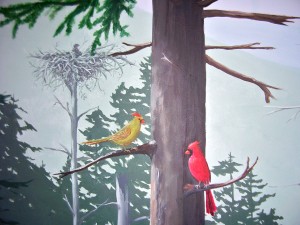 Cardinal pair and Osprey young in nest Maine animals mural